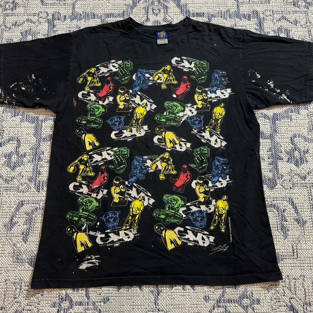 VTG Y2K Give Me Face HipHop Black AOP Graphic T Shirt Skate Hood Rap SZ XL